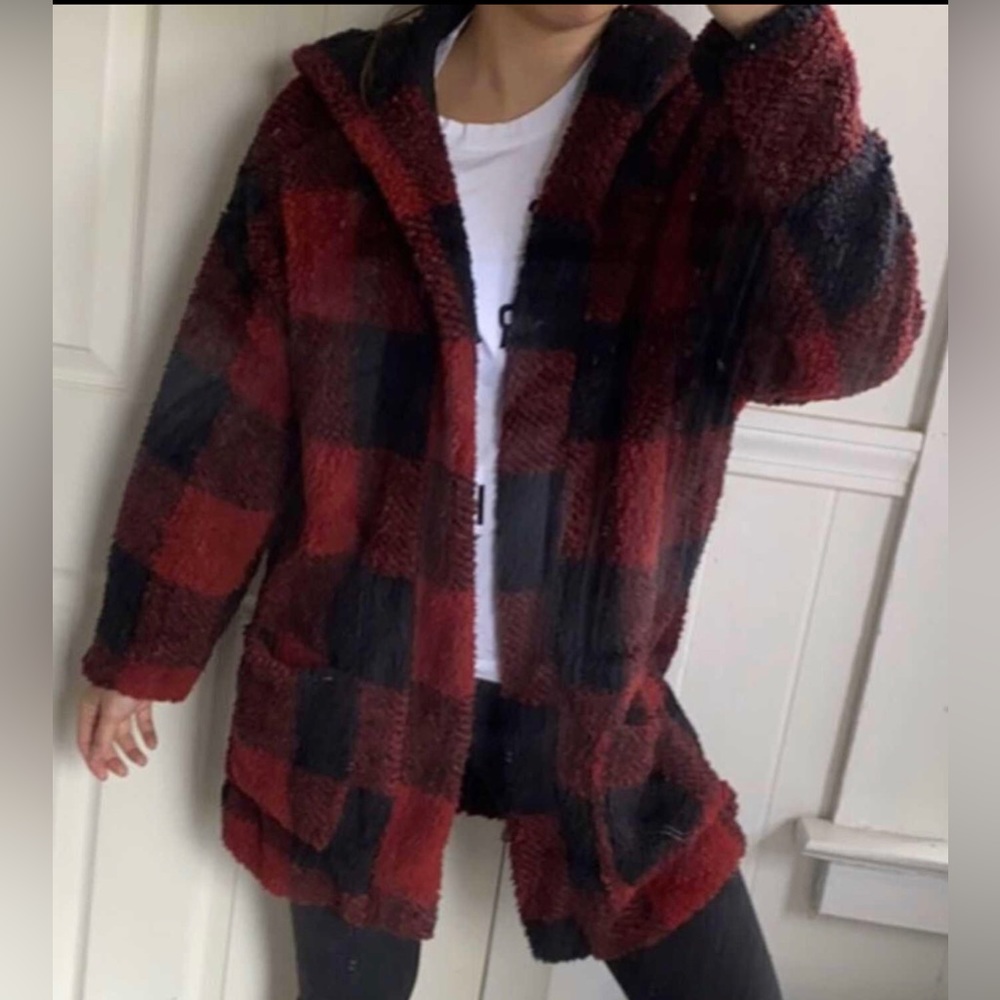 Plaid Sherpa Cardigan with hood